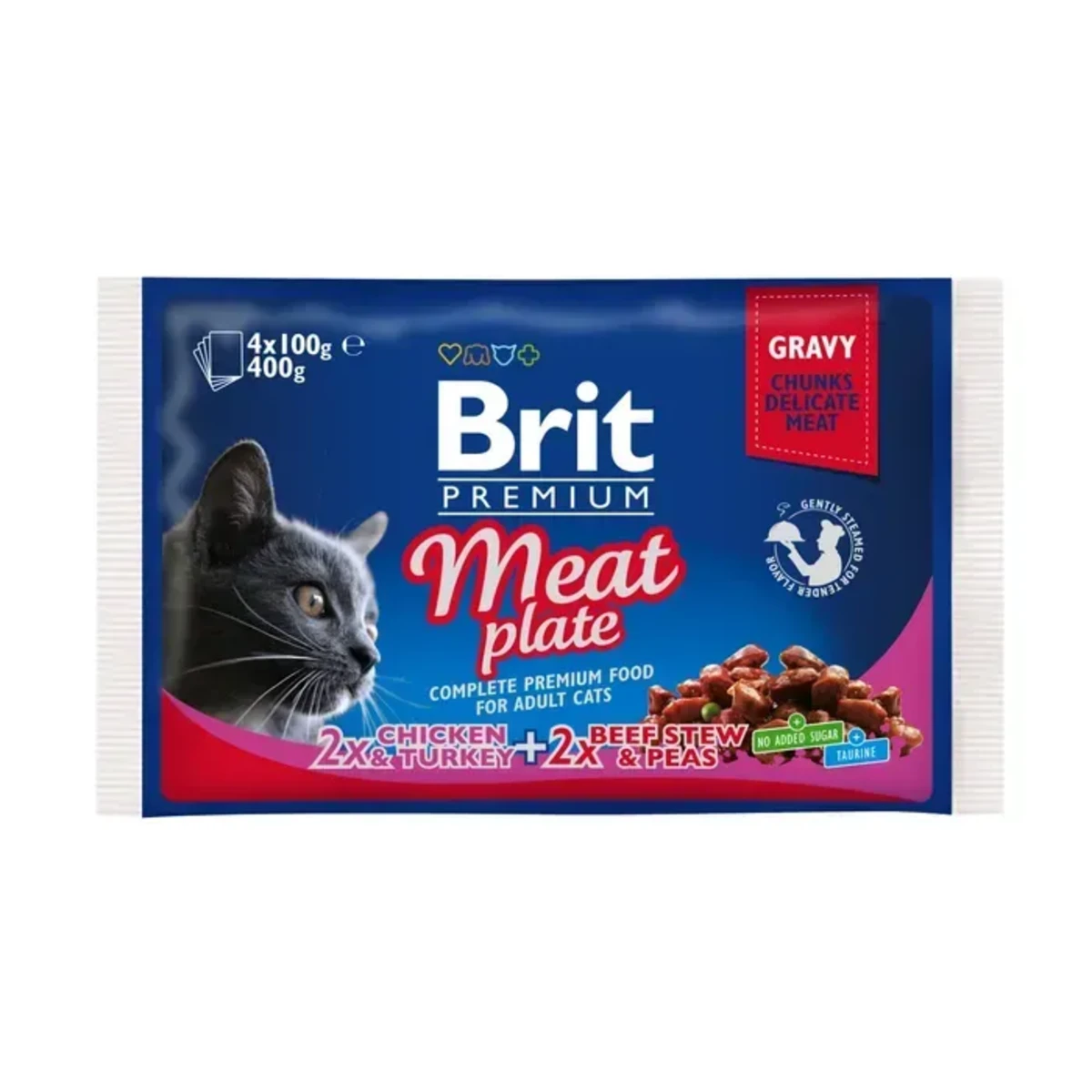 Корм вологий Brit Premium Cat Meat Plate pouches набір для котів м'ясна тарілка курка та індичка з тушкованою яловичиною та горошком — зображення 1
