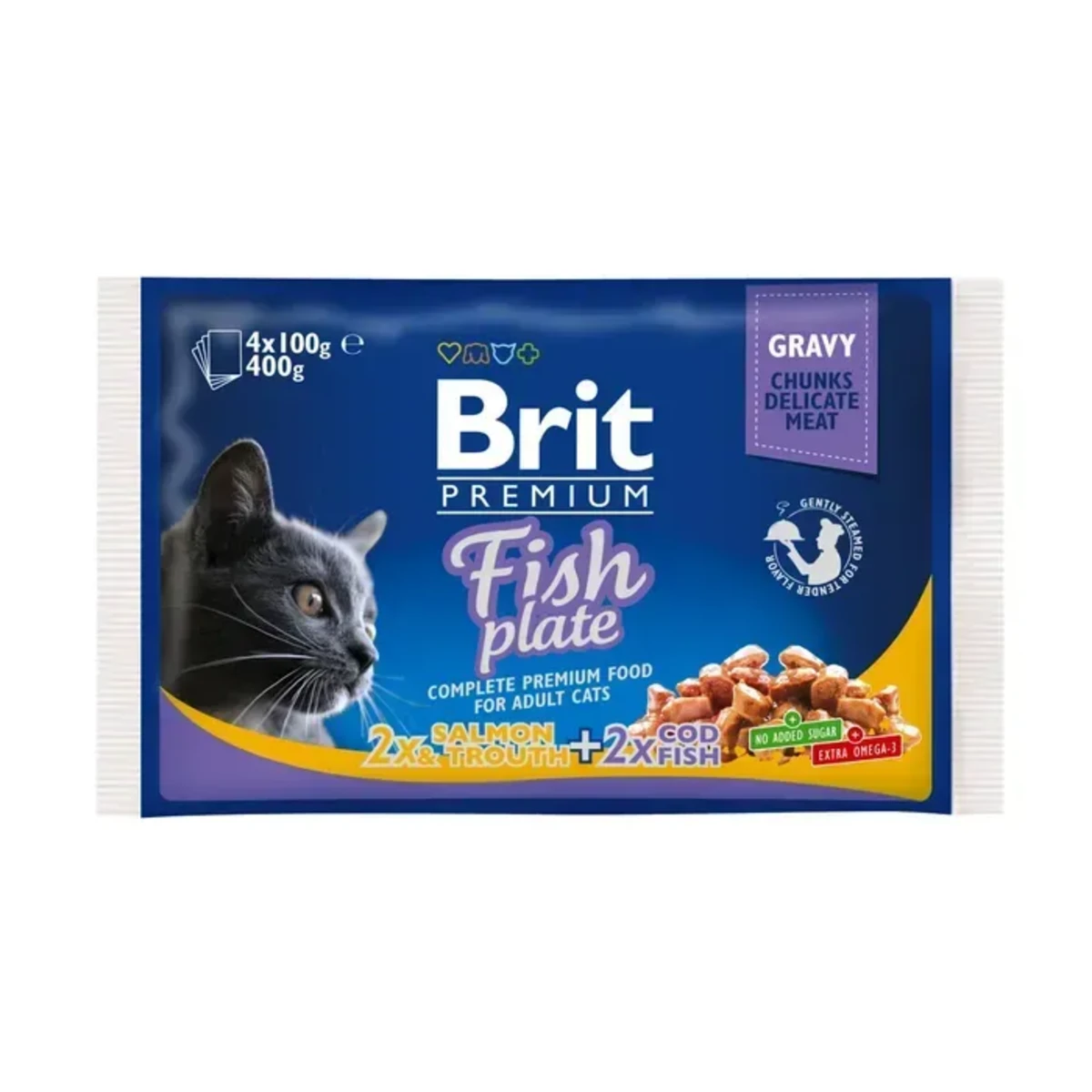 Корм вологий Brit Premium Cat Fish Plate pouches набір паучів для котів рибна тарілка з тріскою, лососем та фореллю 100 г х 4 шт — зображення 1