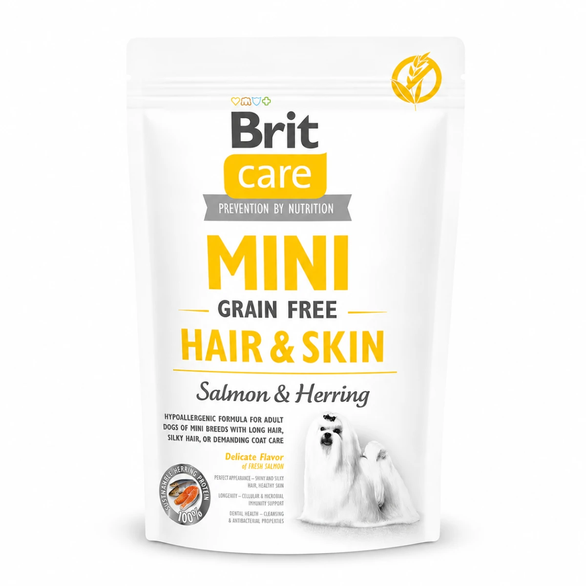 Корм сухий Brit Care Grain Free Mini Hair Skin для собак мніатюрних порід для шкіри та шерсті з лососем та оселедцем — зображення 1