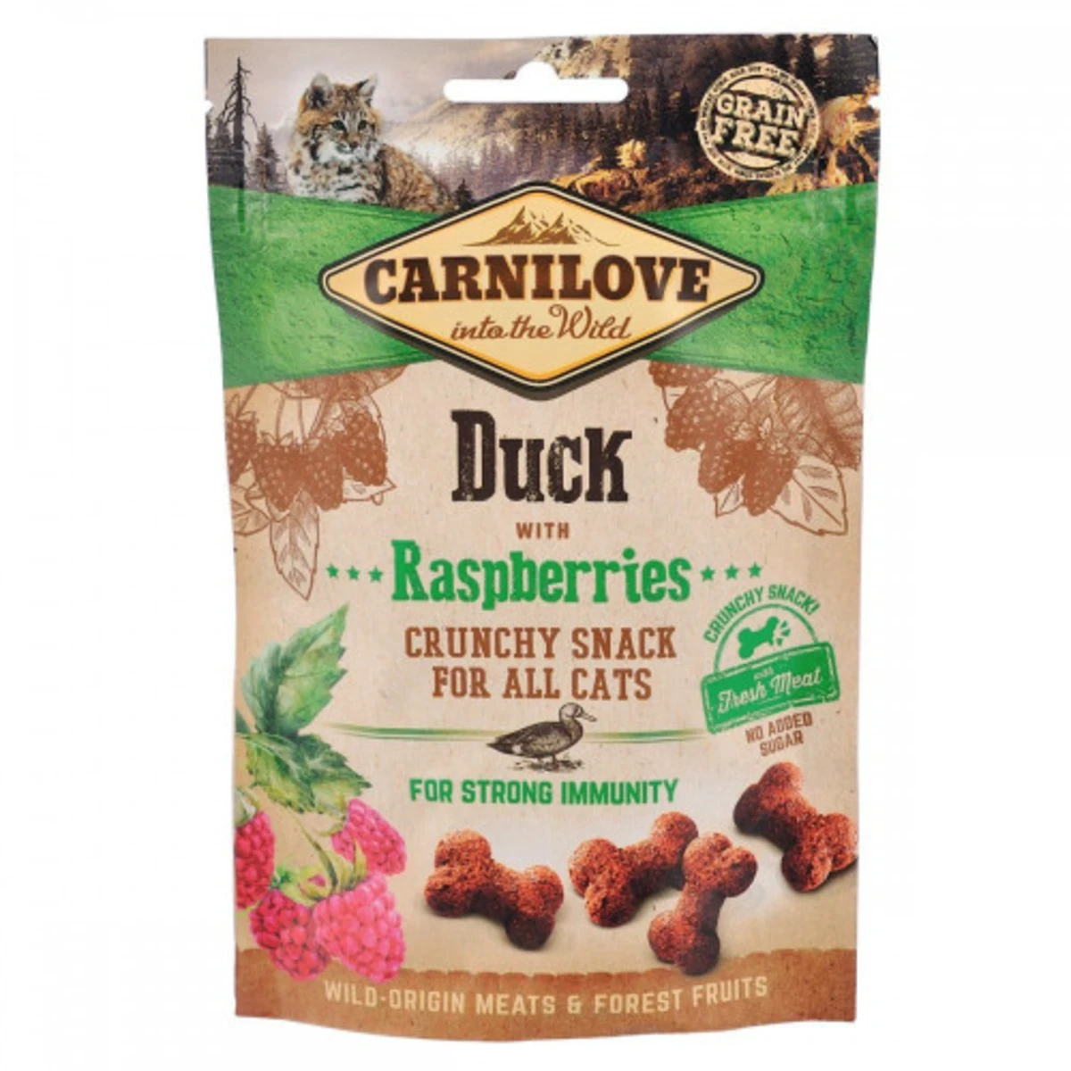 Ласощі Carnilove Cat Crunchy Snack Duck with Raspberries для котів для міцного імунітету з качкою та малиною