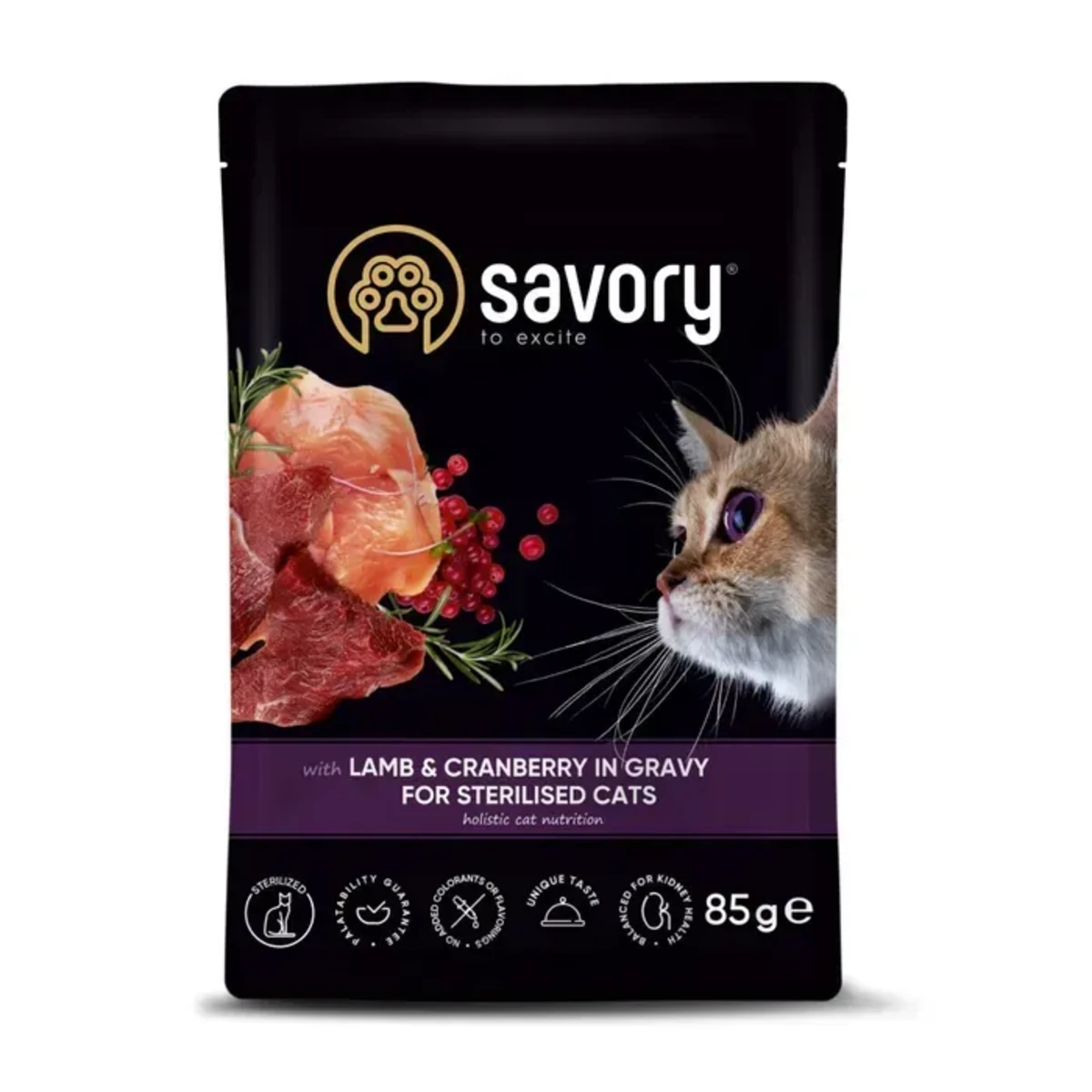 Корм вологий Savory Sterilised Cat Pouch Lamb and Cranberry in Gravy для стерилізованих котів з ягням та журавлиною у соусі 85 г — зображення 1