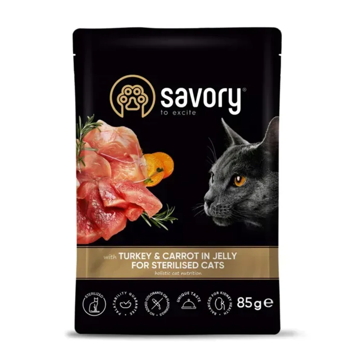 Корм вологий Savory Sterilised Cat Pouch Turkey and Carrot in Jelly для стерилізованих котів з індичкою та морквою у желе 85 г — зображення 1