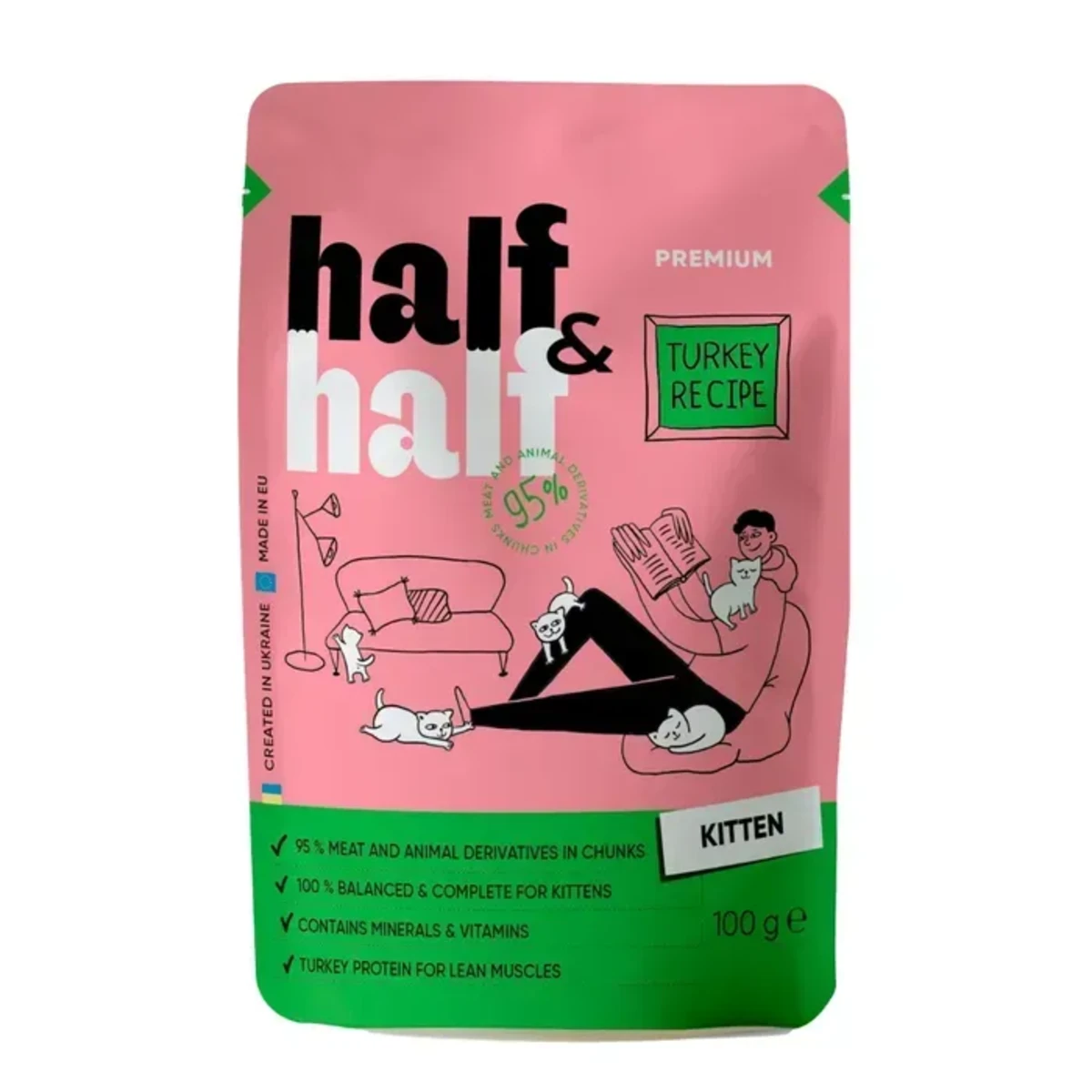 Корм вологий Half&Half для кошенят шматочки з індичкою у желе у формі пауча 100г — зображення 1