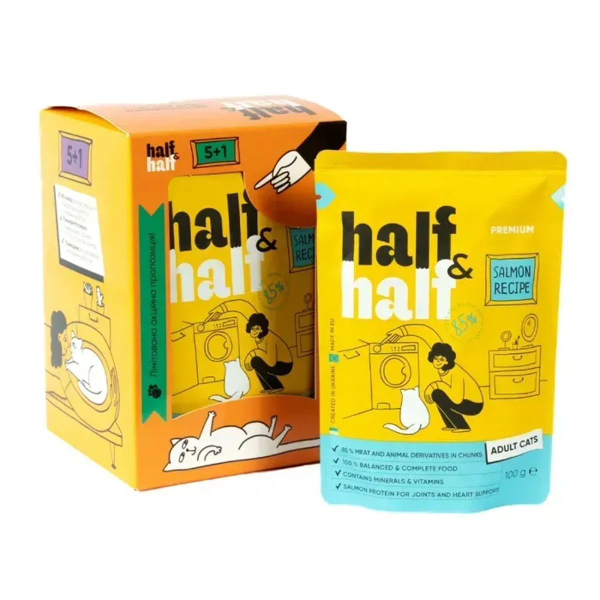 Набір паучів Half&Half для дорослих котів з лососем у желе 5+1 шт х 100 г — зображення 1