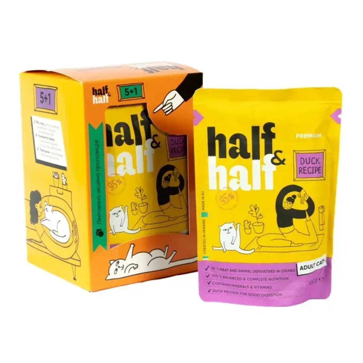 Набір паучів Half&Half для дорослих котів з качкою в соусі 5+1 шт х 100 г — зображення 1
