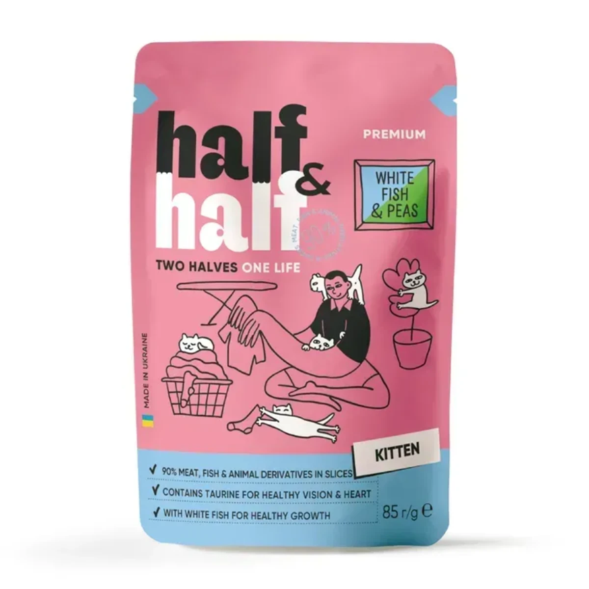 Корм вологий Half&Half для кошенят з білою рибою та горохом в желе 85 г — зображення 1