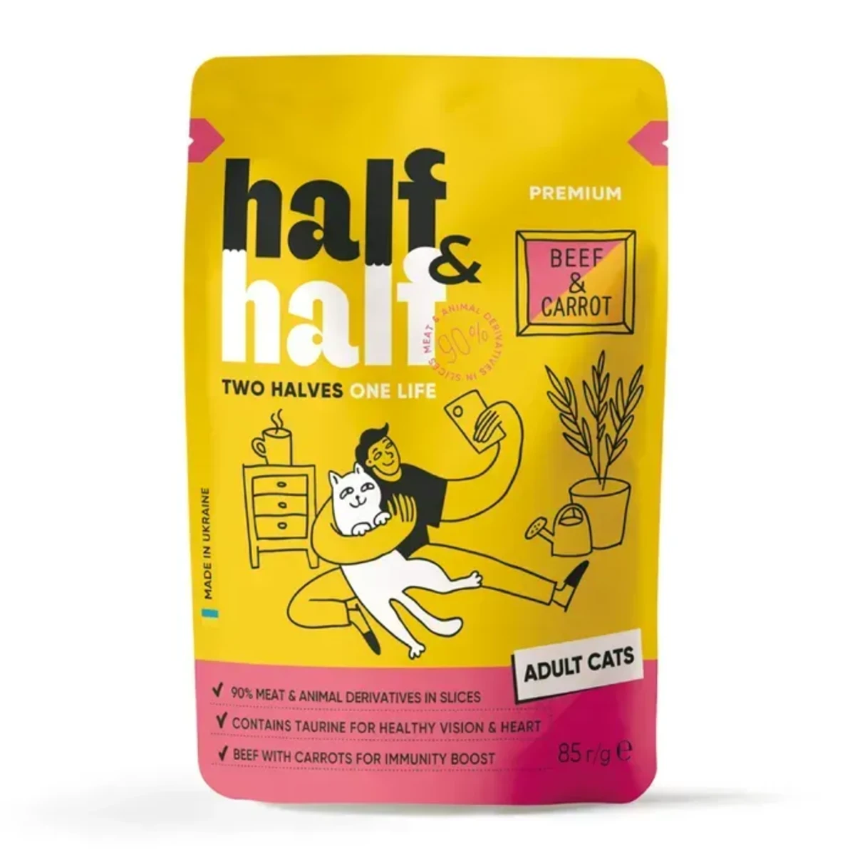 Корм вологий Half&Half для дороcлих котів з яловичиною та морквою в желе 85 г