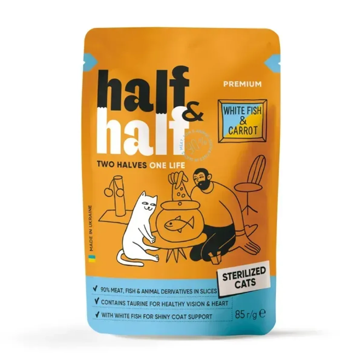 Корм вологий Half&Half для стерилізованих котів з білою рибою та морквою в соусі 85 г