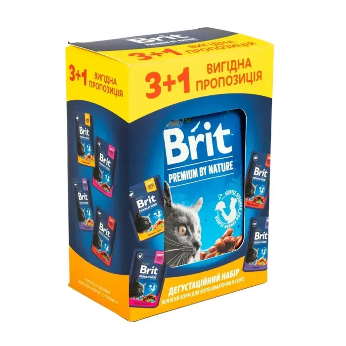 НАБІР Корм вологий Brit Premium для дорослих котів мікс 3+1 шт х 100 г — зображення 1