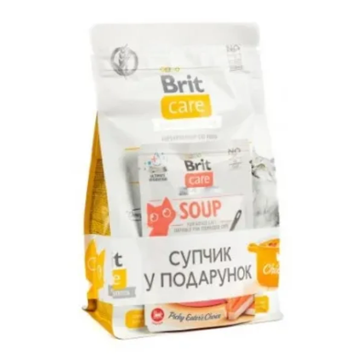 НАБІР для котів Корм сухий Brit Care GF Haircare Healthy and Shiny Coat для догляду за шерстю лосось і курка 400 г + суп 75 г