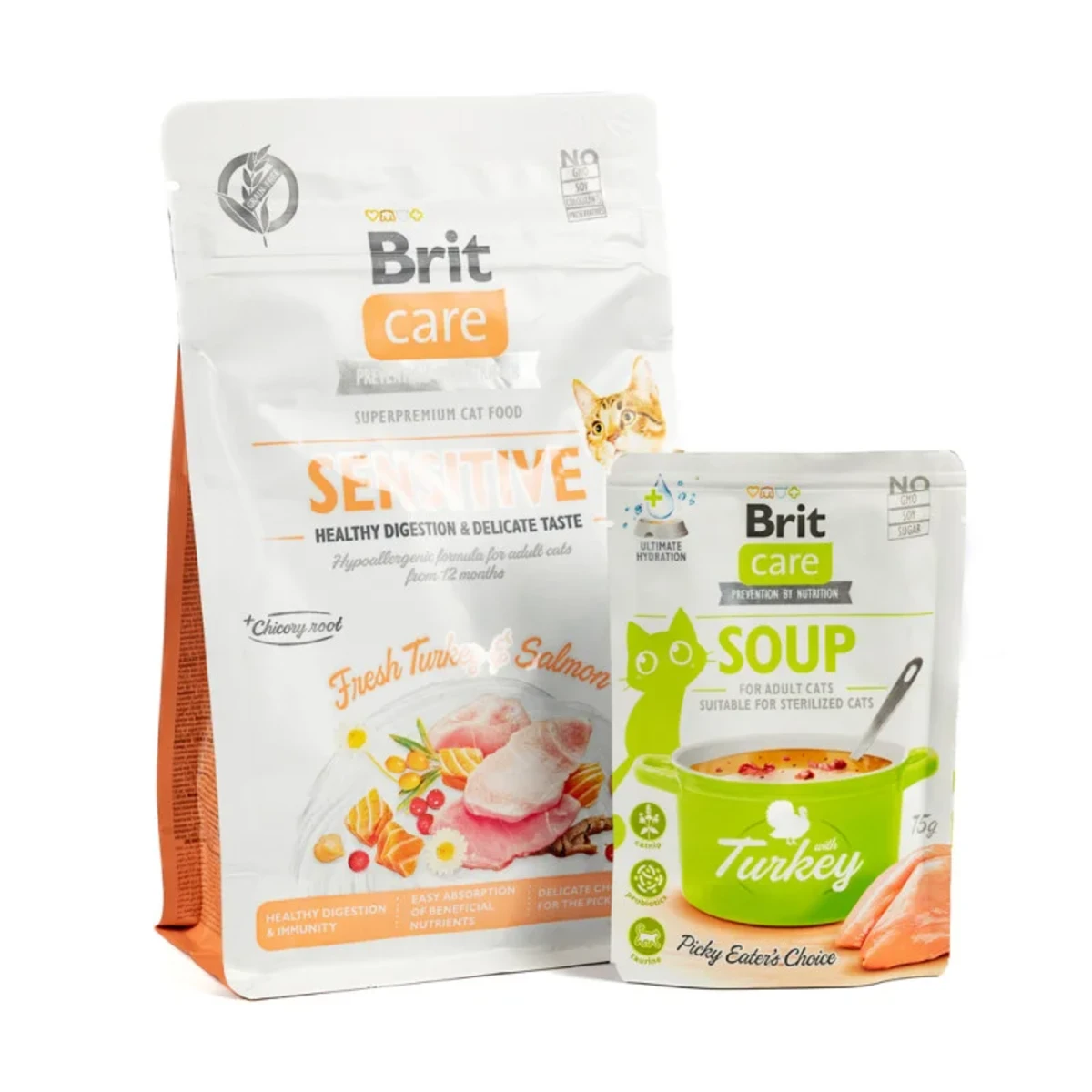 НАБІР Корм сухий Brit Care GF Sensitive Healthy Digestion and Delicate Taste для котів з чутливим травленням індичка і лосось 400 г + суп 75 г