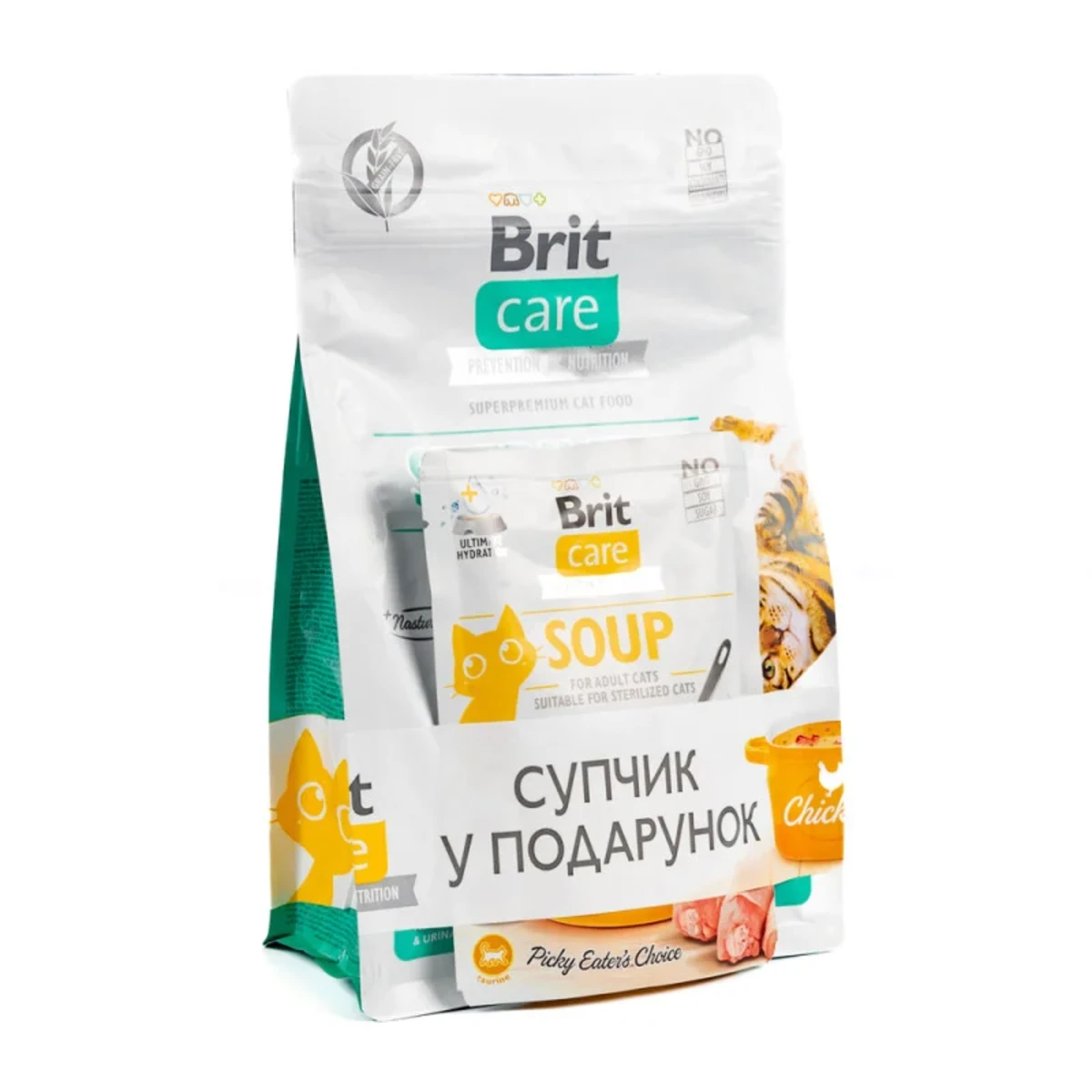 НАБІР для стерилізованих котів Корм сухий Brit Care GF Sterilized Urinary Health дляя підтримки здоров я сечовивідних шляхів курка 400 г + суп 75 г — зображення 1