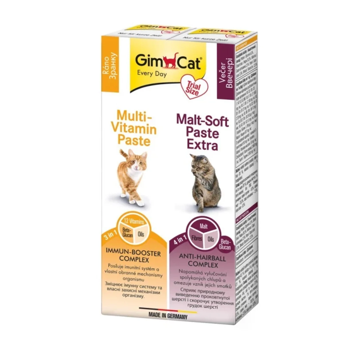 Набір паст GimCat KOMBI-PACK Multi-Vitamin + Malt-Soft Extra для котів для імунітету та виведення грудок шерсті 2х20г — зображення 1