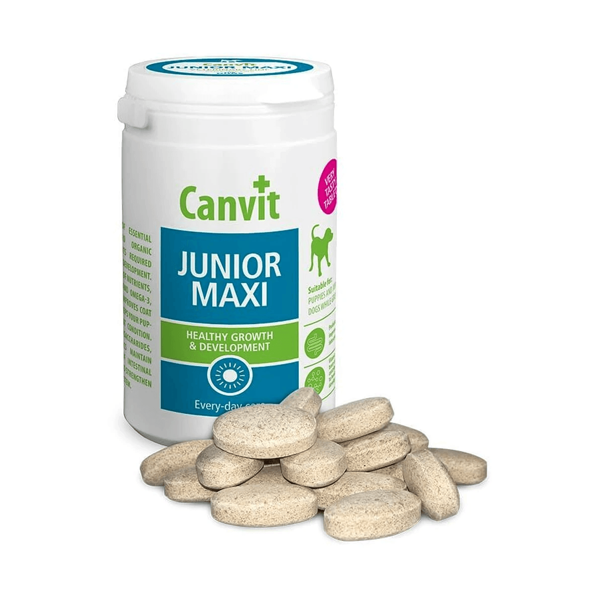 Вітаміни для цуценят і молодих собак великих порід Canvit Junior Maxi для здорового росту, розвитку, зміцнення імунітету та правильного формування кісток і суглобів 230 г — зображення 1