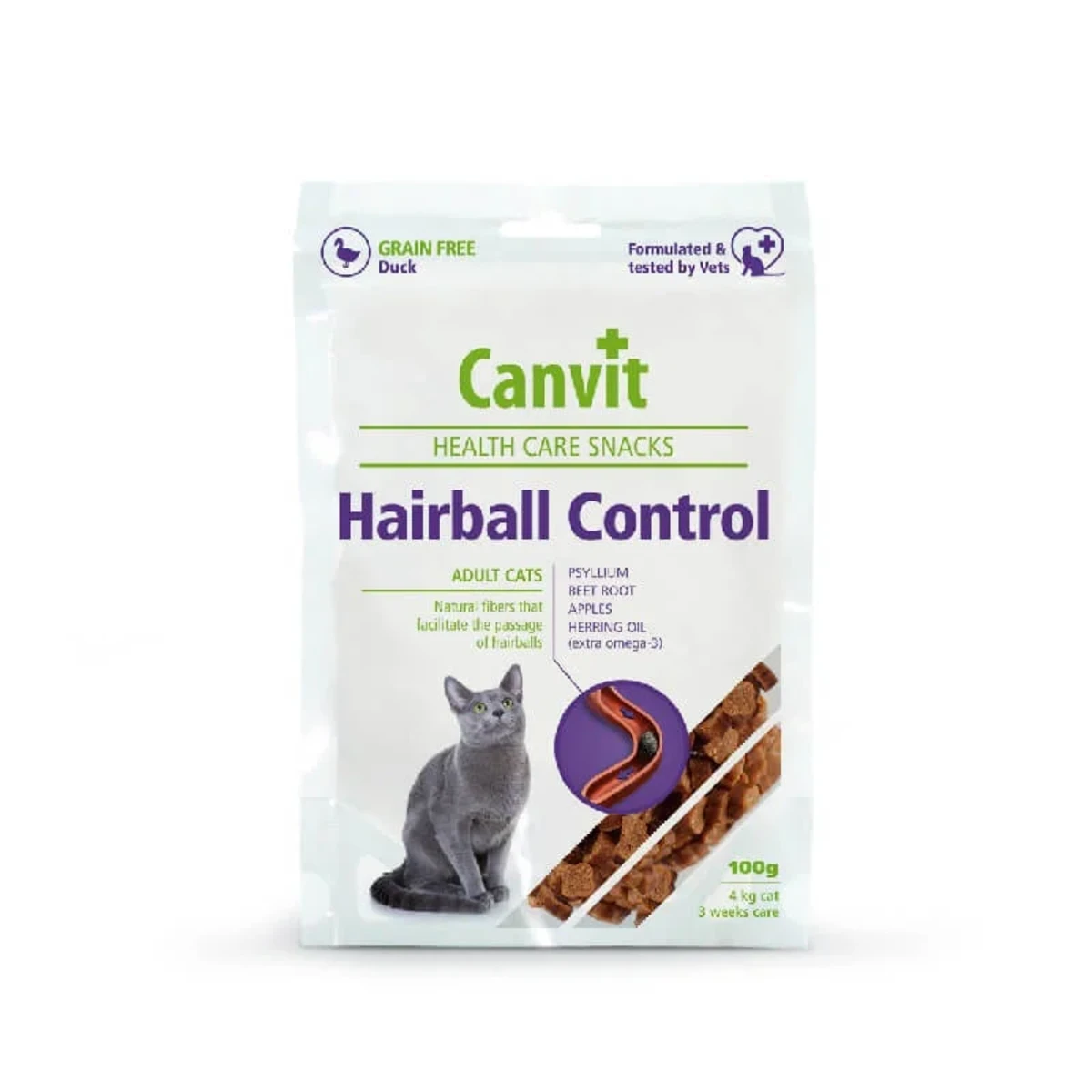 Canvit Hairball Control ласощі для котів для виведення шерсті з качкою, 100 г