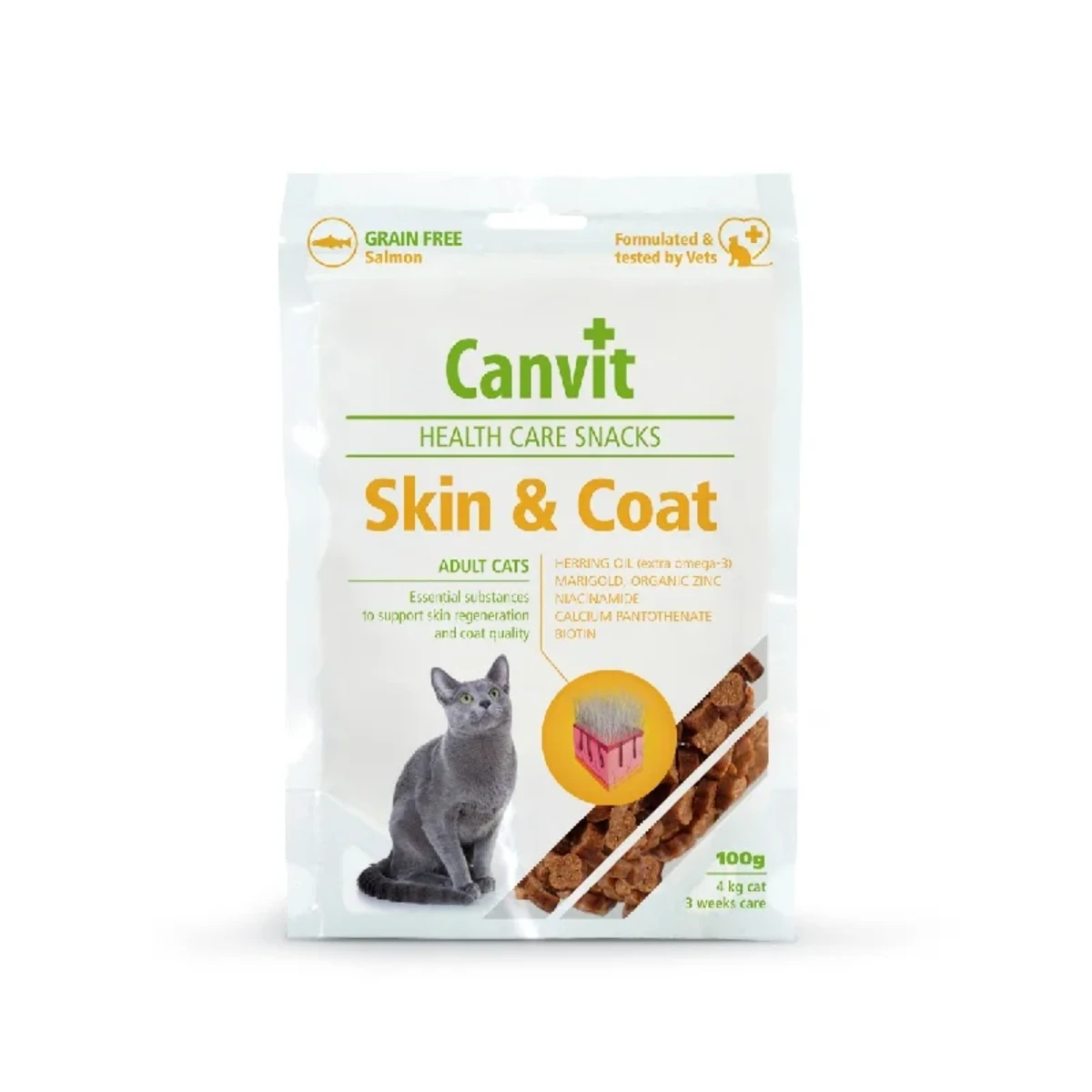 Canvit Skin & Coat ласощі для котів для здоров'я шкіри та шерсті з лососем, 100 г
