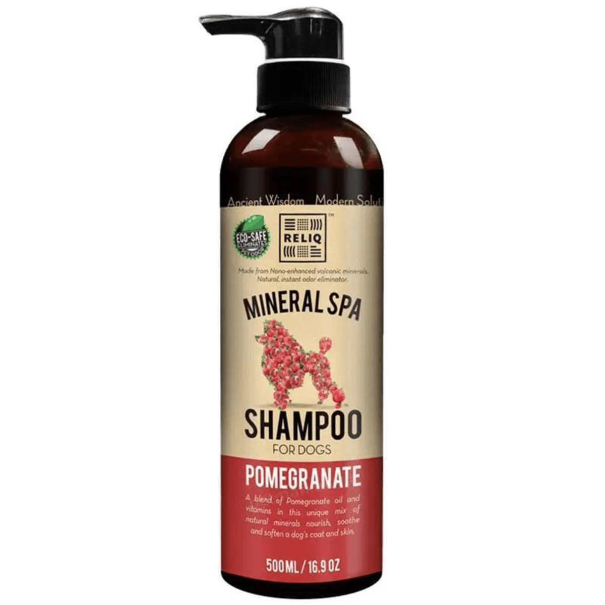 Мінеральний шампунь для собак Reliq Mineral Spa Pomegranate з екстрактом граната для зволоження шкіри та догляду за шерстю — зображення 1