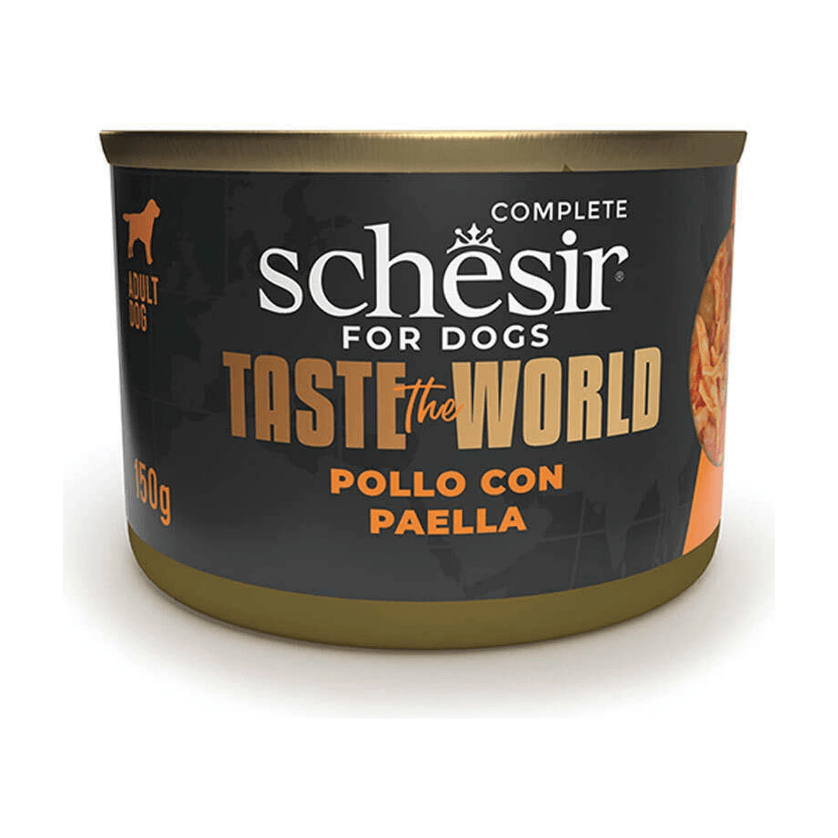 Вологий корм для дорослих собак Schesir Taste the World Chicken with Paella з куркою та паельєю, шматочки в бульйоні, 150 г — зображення 1