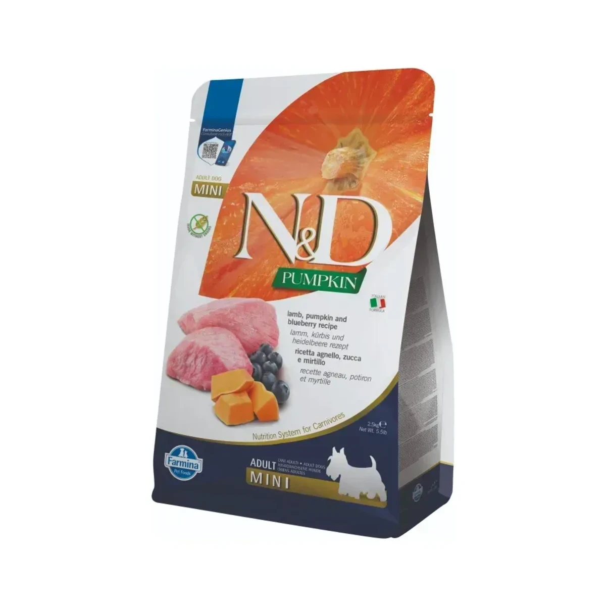 Беззерновий сухий корм для дорослих собак малих порід Farmina N&D Grain Free Pumpkin Lamb & Blueberry Adult Mini з ягням, гарбузом та чорницею