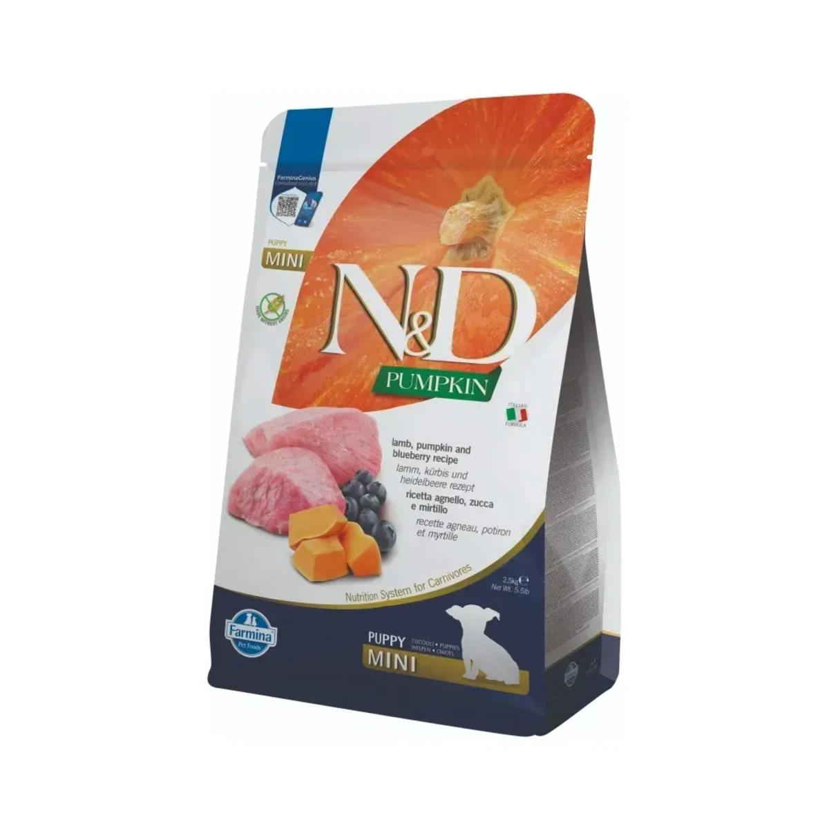 Беззерновий сухий корм для цуценят малих порід Farmina N&D Pumpkin Grain Free Puppy Mini Lamb & Blueberry з ягням, гарбузом та чорницею