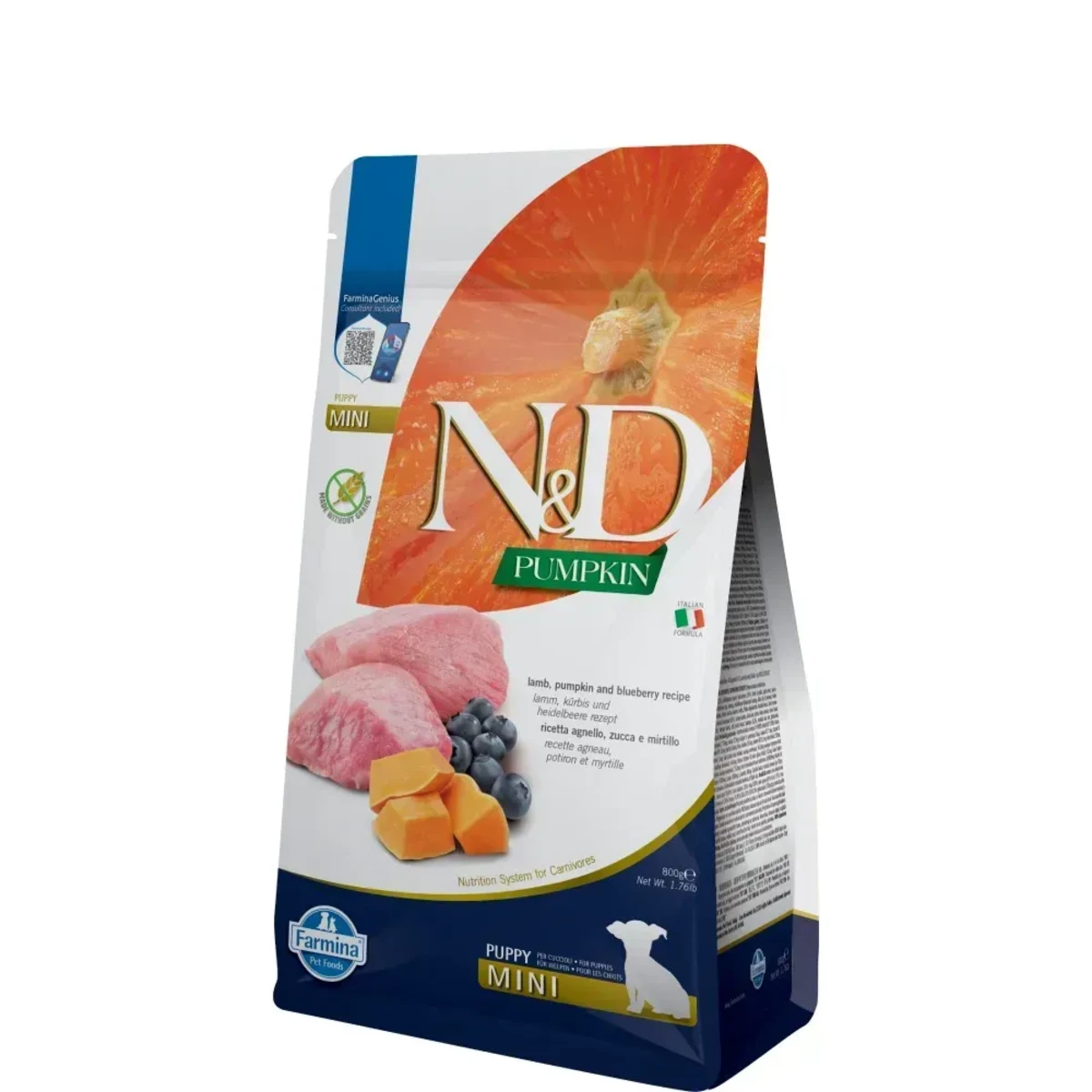 Беззерновий сухий корм для цуценят малих порід Farmina N&D Pumpkin Grain Free Puppy Mini Lamb & Blueberry з ягням, гарбузом та чорницею — зображення 1
