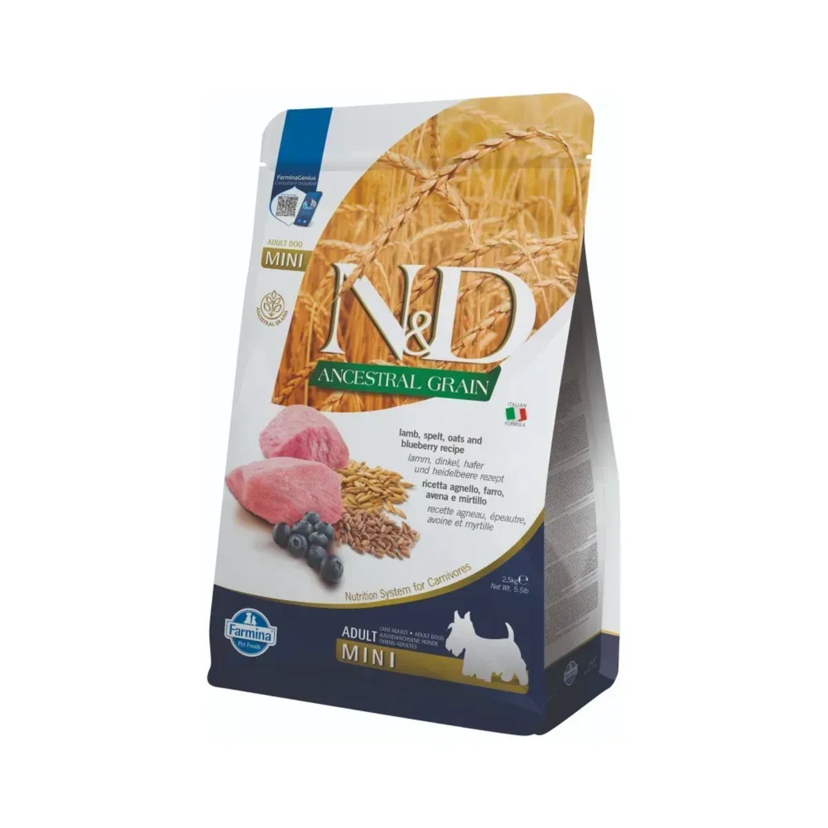 Низькозерновий сухий корм для дорослих собак малих порід Farmina N&D Low Grain Lamb & Blueberry Adult Mini з ягням та чорницею