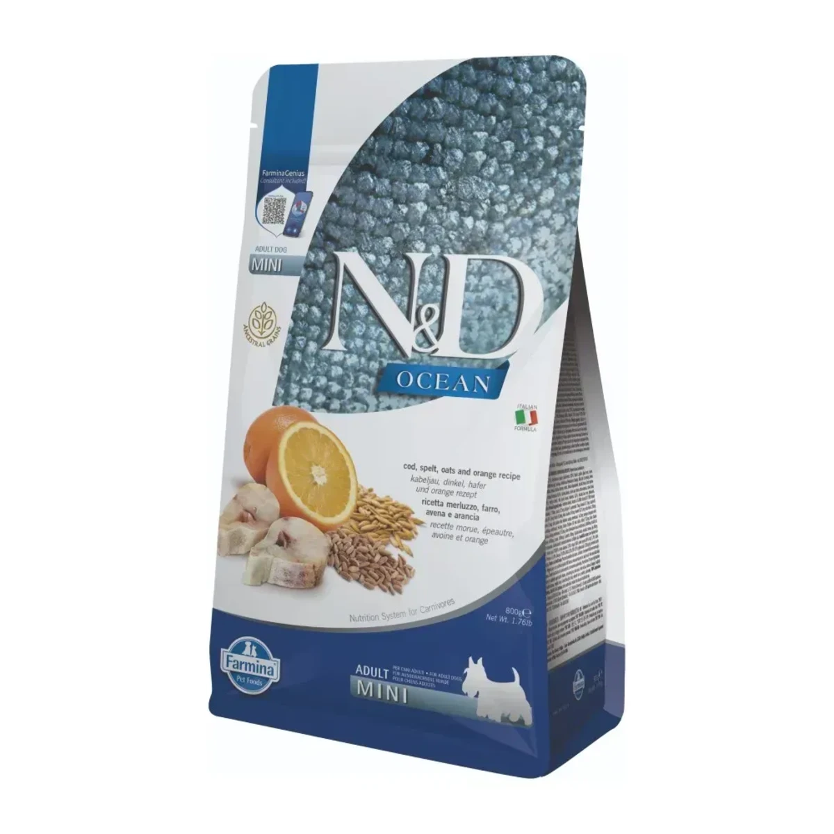 Низькозерновий сухий корм для дорослих собак малих порід Farmina N&D Ocean Dog Adult Mini Cod, Spelt, Oats & Orange з тріскою, спельтою, вівсом та апельсином — зображення 1