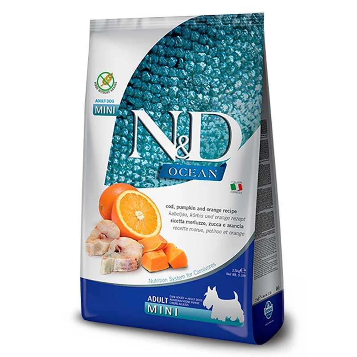 Беззерновий сухий корм для дорослих собак малих порід Farmina N&D Ocean Dog Adult Mini Cod, Pumpkin & Orange з тріскою, гарбузом та апельсином — зображення 1