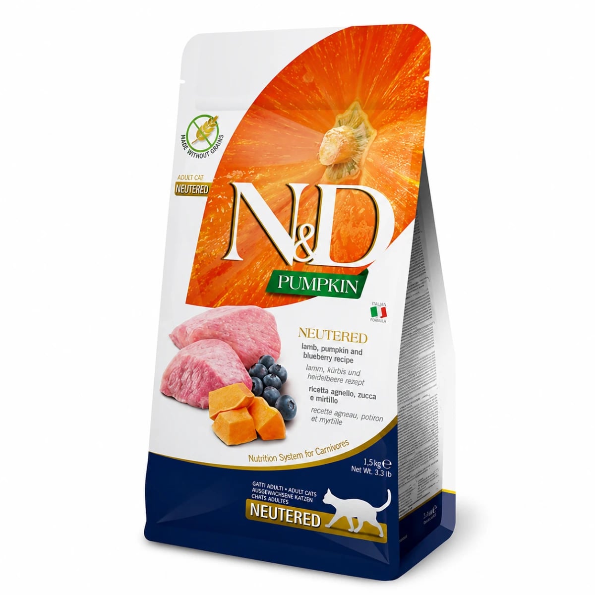 Farmina N&D Pumpkin Neutered, Lamb, Pumpkin and Blueberry Adult - Беззерновий сухий корм з ягням, гарбузом і чорницею для стерилізованих котів