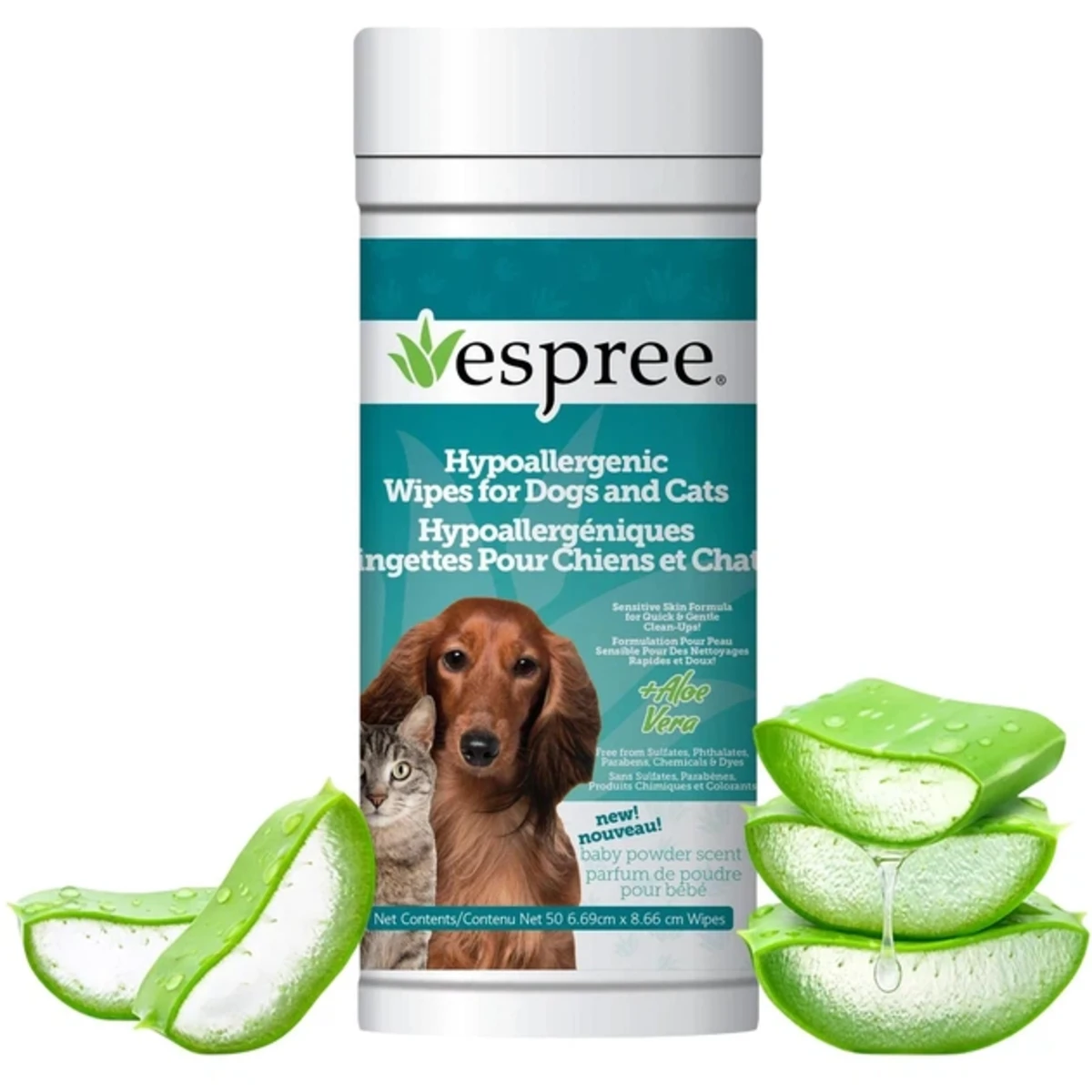 Espree Hypo-Allergenic Dog&Cat Aloe Wipes Гіпоалергенні вологі серветки з алоє для собак і котів 50 шт