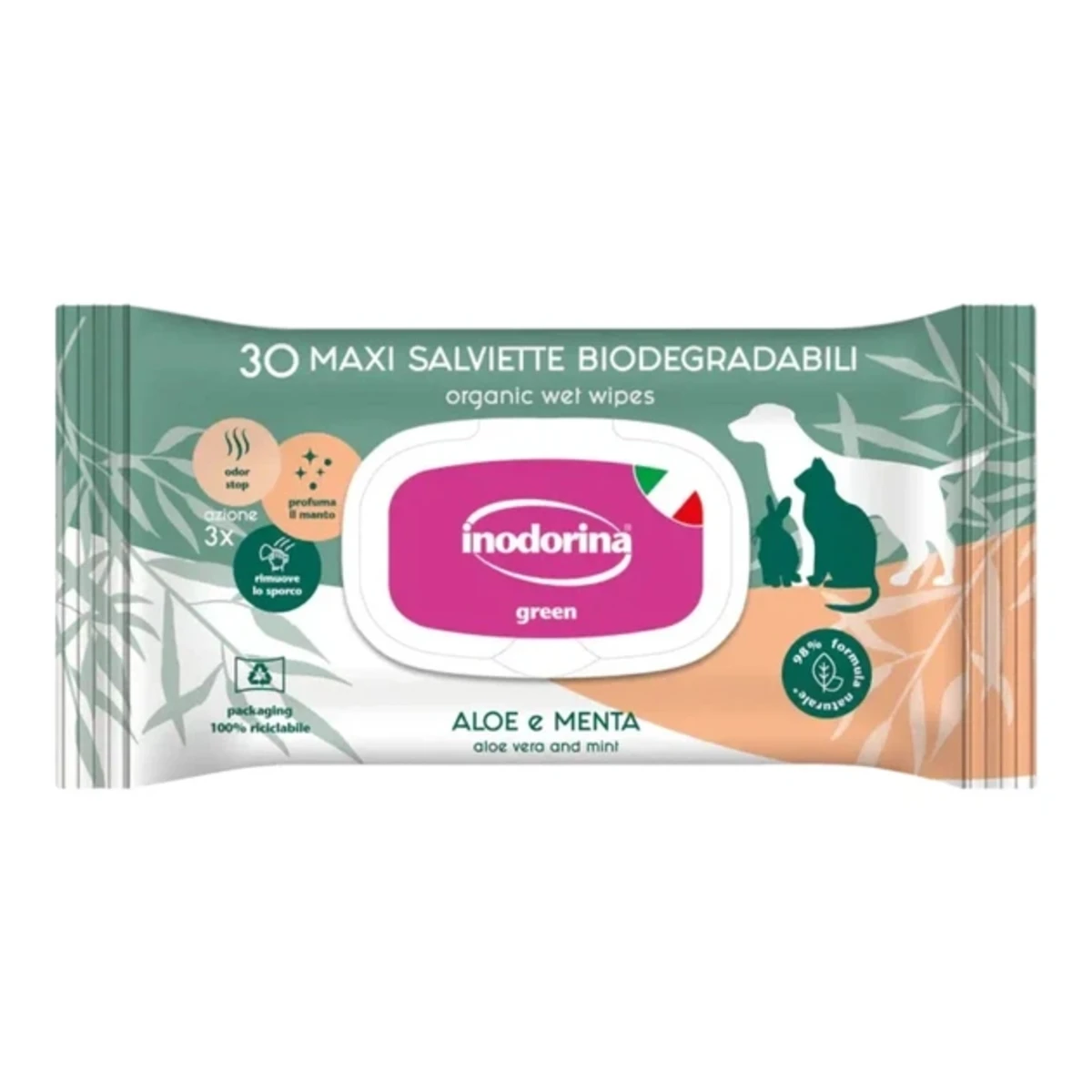 Inodorina Salv Green aloe vera and mint Вологі біорозкладні серветки з м'ятою та Алое Вера для собак, 30 шт