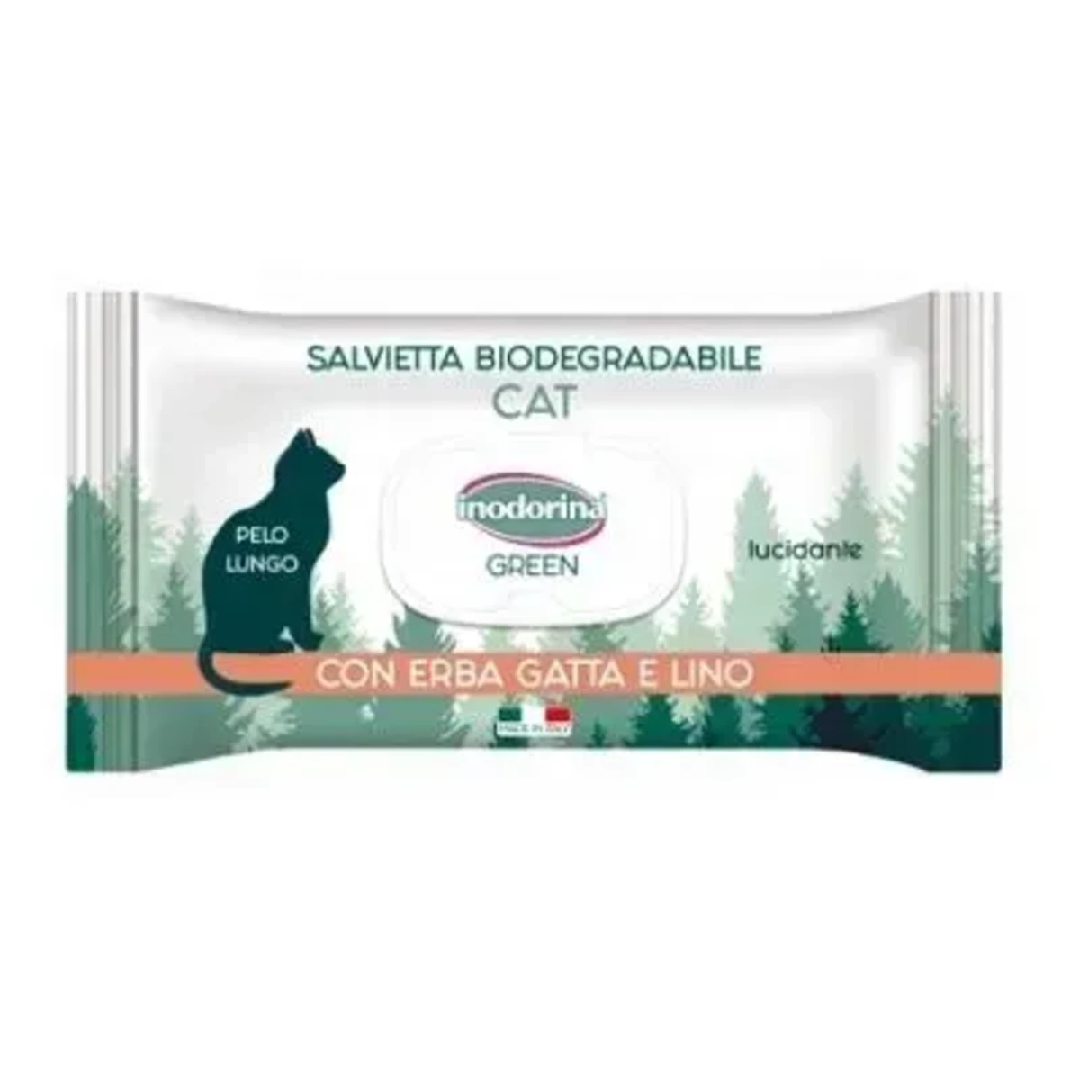 Inodorina Green Pantenolo - Вологі біорозкладні серветки з котячою мятою та льоном для котів з довгою шерстю, 30 шт