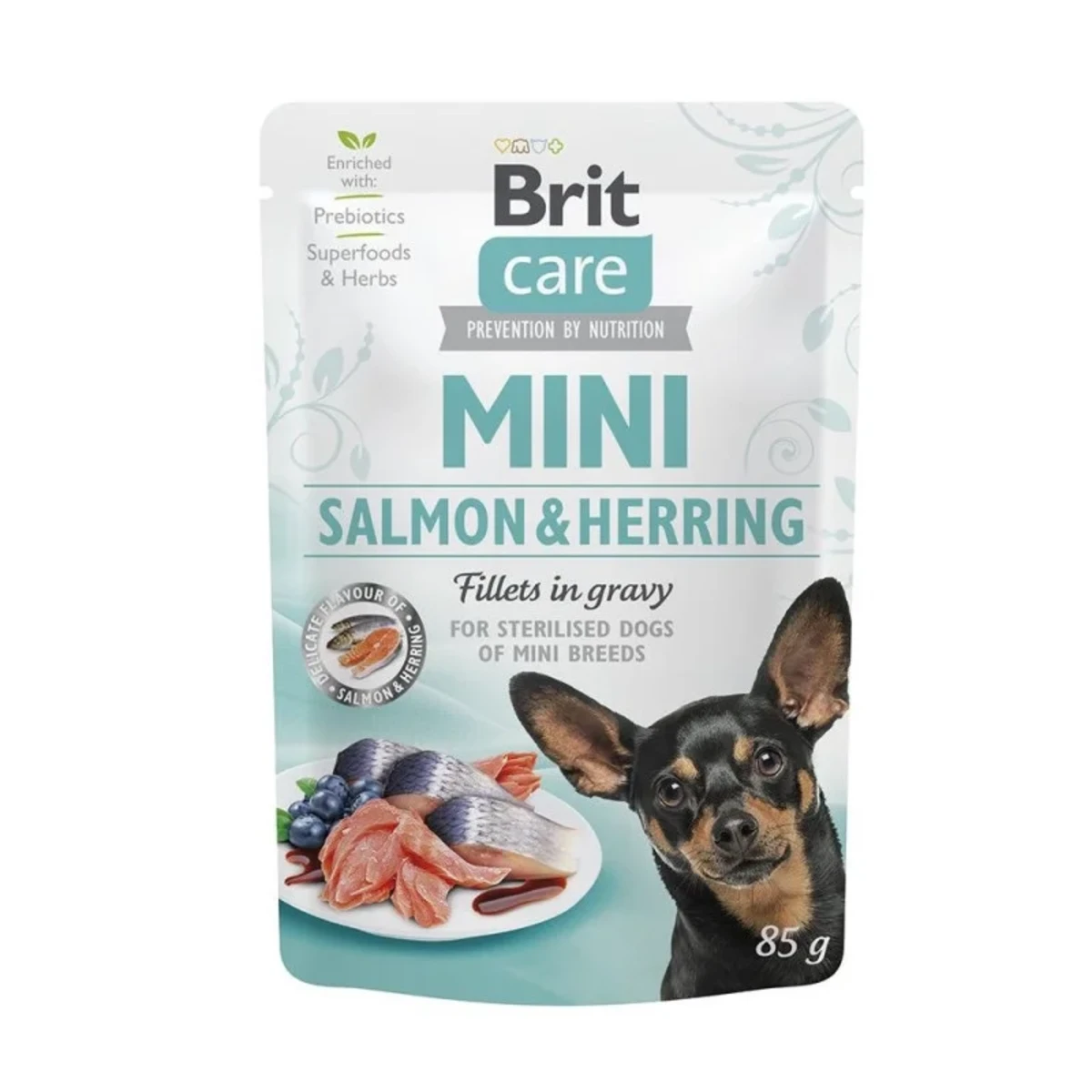 Корм вологий Brit Care Mini для дорослих собак мініатюрних порід, філе з лососем та оселедцем в соусі 85 г