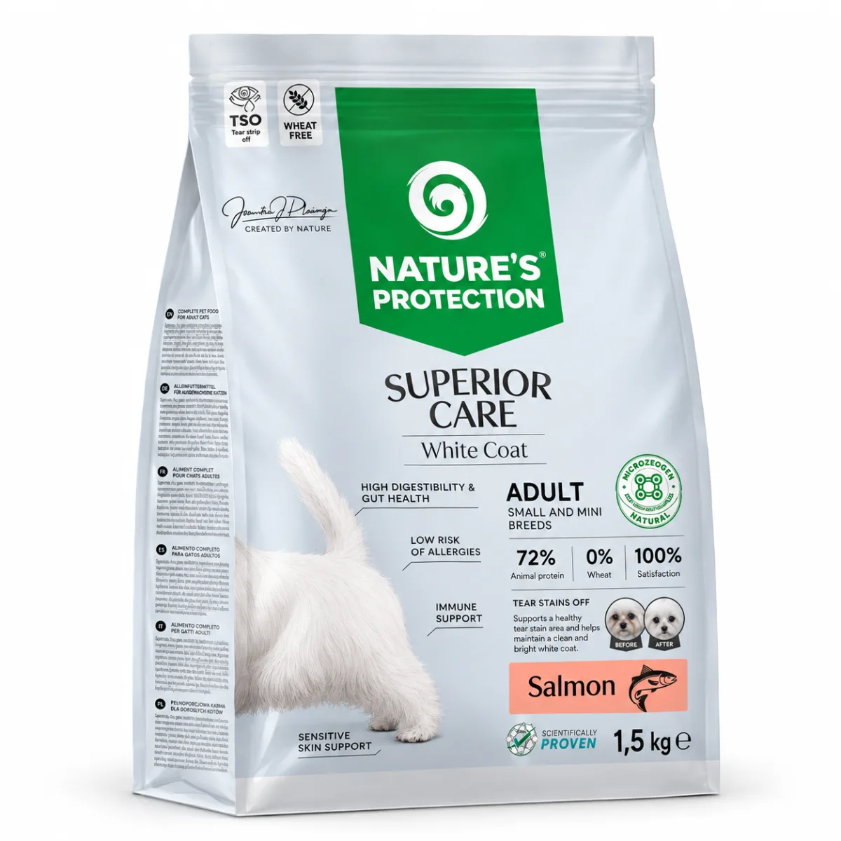 Nature's Protection Superior Care White Dogs Grain Free Salmon Adult Small Breeds — сухий беззерновий корм із лососем для дорослих собак малих порід із білою шерстю — зображення 1